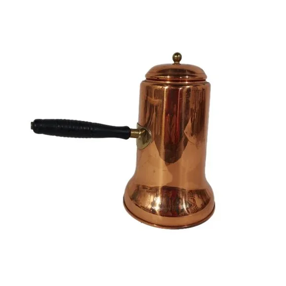 Copper Pot Chocolate Coffee Tea Kettle 8” Brass Wood Side Handle Vintage - Picture 2 of 13